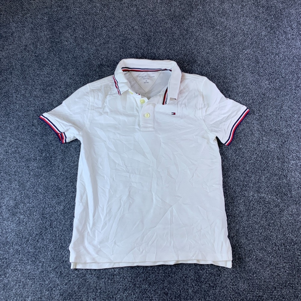 Tommy Hilfiger Polo Shirt Boys M 8-10 White Logo Cotton Collared Short Sleeve